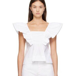 GANNI White Ruffle Poplin Tank Top Blouse, White, Size 34 (XS, US 0)